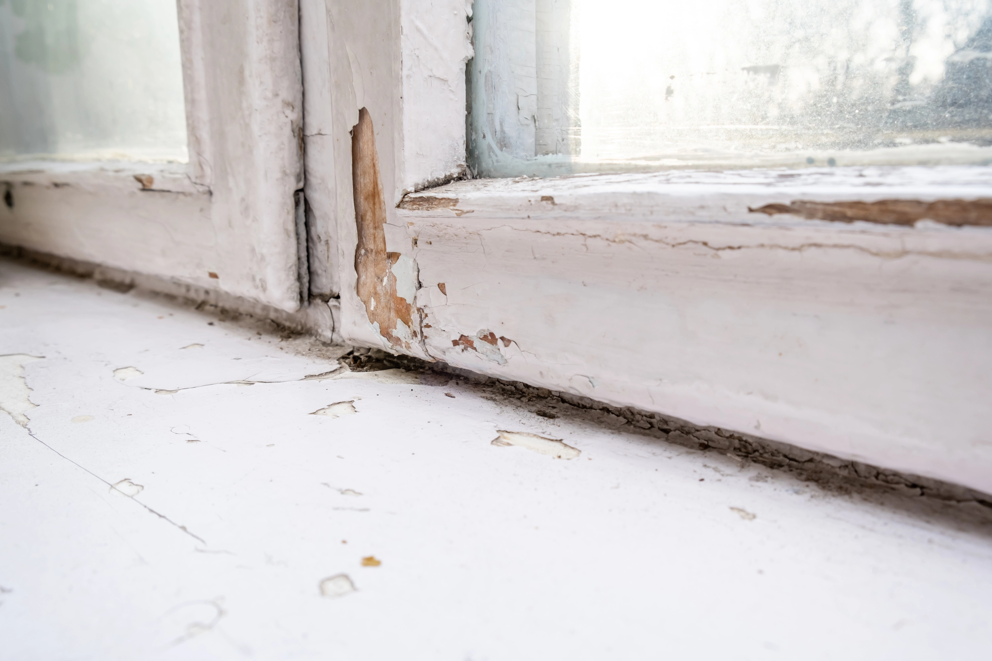 Paint chips containing lead falling off window and ledge