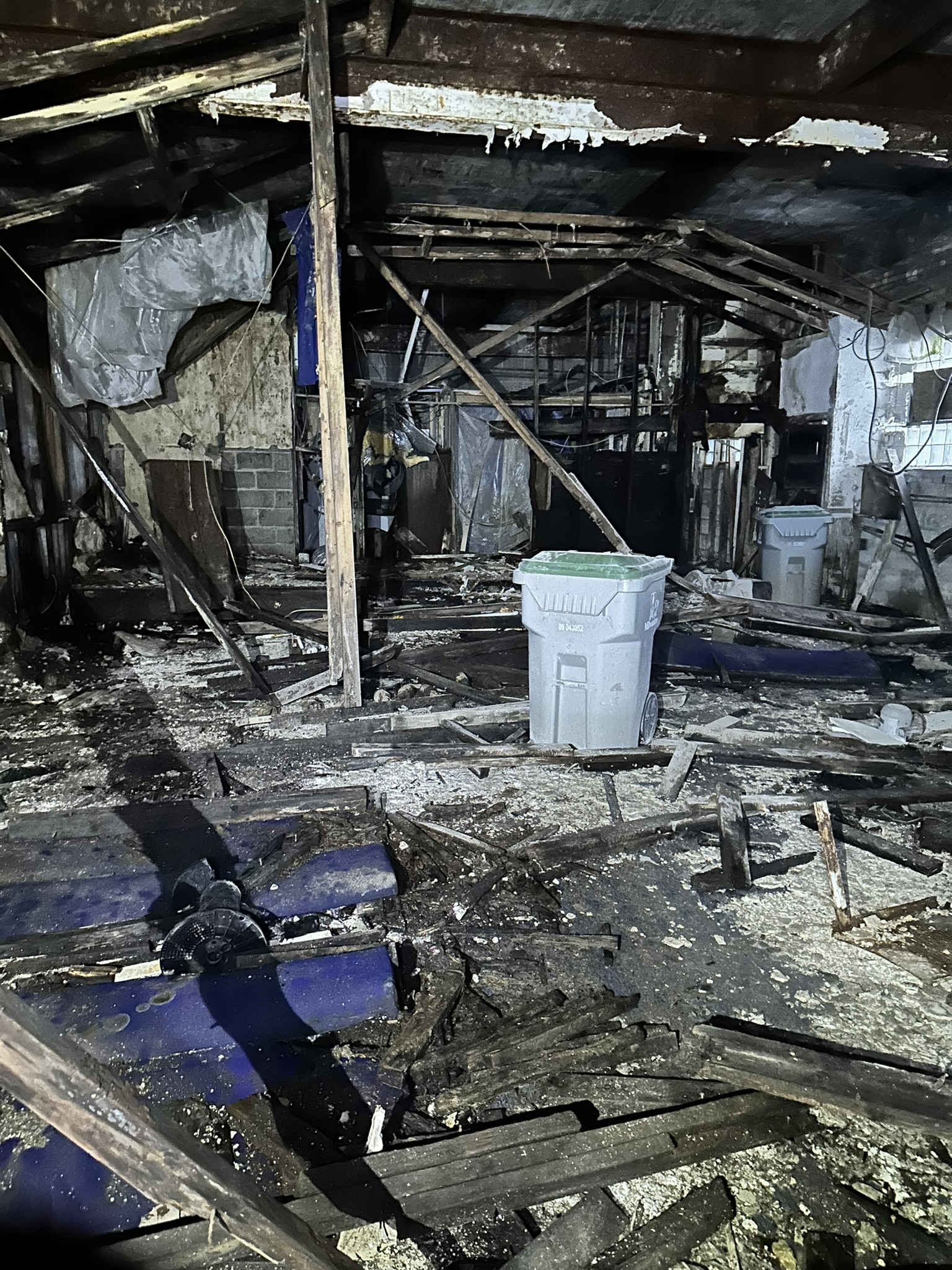 Fire caused significant structural damage to many items that contained asbestos such as vermiculite insulation, drywall, window glazing and others. Plaster that fell from the ceiling also contained lead-based paint